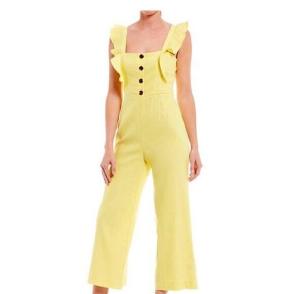 EUC Gianni Bini Square Neck Ruffled Linen Blend Crop Jumper in Yellow - Size 10 - Picture 1 of 11